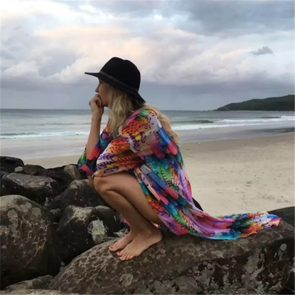 Bohemian Rainbow Feathers Kimono Beach Coverup - Picture 2 of 12